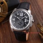 High Quality Faux Cartier Watch - Calibre De Black Face with Black Leather Band